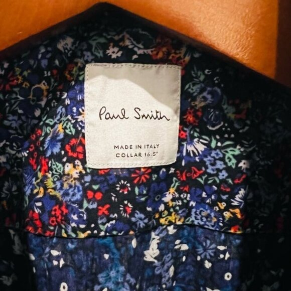 Paul Smith Current Blue White Floral AOP Cotton Mens Button Front Size 16.5 - Picture 14 of 16